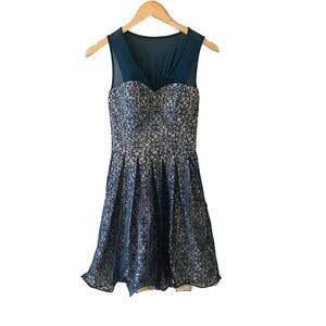 Chi Chi London Lace Flare Hem Smocked Back Dress Size 4 Blue